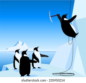 three Emperor penguins and one penguin mountaineer