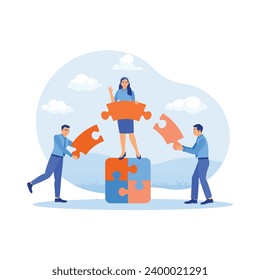Drei Mitarbeiter verbinden ein Rätsel, das die Arbeitsstatistiken symbolisiert. Das Konzept der Teamarbeit zum Erfolg. Mitarbeiterkonzept. Trend Moderne Vektorgrafik