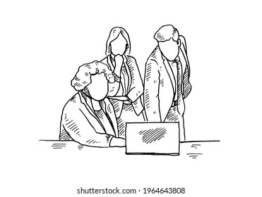 The three employees discussed the meeting materials to be presented, at a work table, with a laptop, and were very serious in the discussion. vector draw graphic design illustration sketch 

