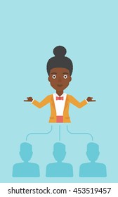 Three employees linked with an african-american business woman. Young business woman choosing employee. Concept of searching for stuff. Vector flat design illustration. Vertical layout.