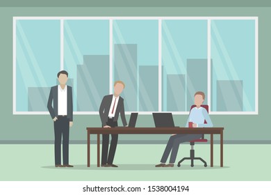 Three employees working in office. Cartoon. Vector.