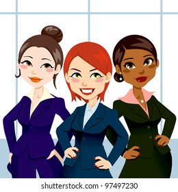 Three empowered attractive and confident business women standing with and hands on hips