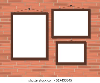 Three empty brown frames on red brick wall. Vector illustration. 