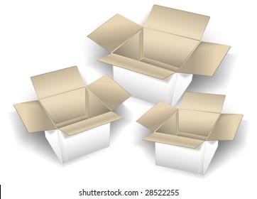 Three empty cardboard boxes isolated over white background, vector illustration