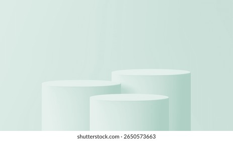 Três pódios de produto de cilindro vazio em verde claro. Estágio de exibição do produto para apresentação cosmética. Exibição minimalista moderna para marketing.