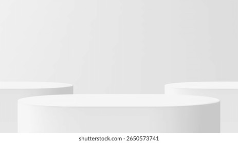 Three empty cylinder white podiums on a blank abstract background product presentation backdrop. Minimalist indoor studio stage for display.