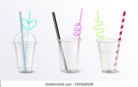 Three empty disposable plastic glasses with unusual colorful straws set isolated on transparent background realistic vector illustration