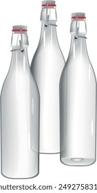 Three empty glass bottles standing on white background