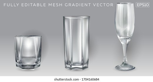 Three empty glasses for different bar drinks.