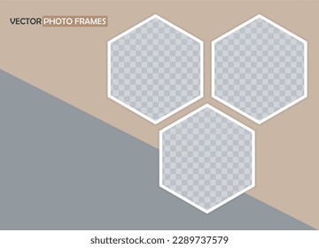 Three empty hexagons photo frames. Vector Mockup for design, advertising, presentations, photos, collages. Banner template, flyer, leaflet on beige and gray background. EPS10. 