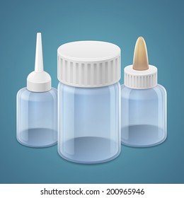 Three empty medical bottles on blue background