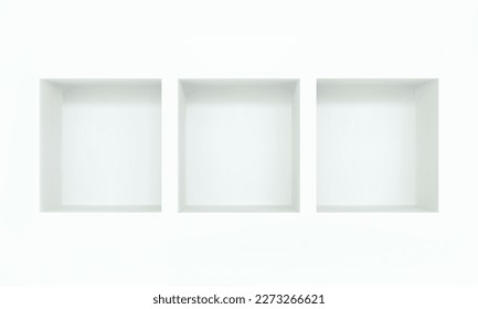 Three empty niches or shelf on white wall 3D mockup. Shop, gallery plastic or wooden showcase to present product. Blank retail storage space. Interior design furniture. Living room bookshelf