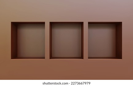 Tres nichos vacíos o una repisa sobre una parrilla 3D de pared marrón. Compra, galería de plástico o vitrina de madera para presentar el producto. Espacio de almacenamiento comercial en blanco. Mobiliario de diseño interior. Librería de salón