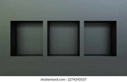 Three empty niches or shelf on black wall 3D mockup. Shop, gallery plastic or wooden showcase to present product. Blank retail storage space. Interior design furniture. Living room bookshelf