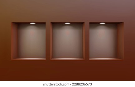 Three empty niches or shelves on brown wall with led spotlight 3D mockup. Shop, gallery showcase to present product. Blank retail storage space. Interior design furniture. Living room bookshelf