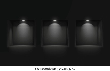 Tres nichos vacíos o estantes en una pared negra con iluminación de lámpara de hielo. Escaparate, estante vacío para su producto. Ilustración vectorial.