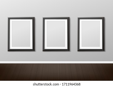 Three empty photo frames hanging on house wall - realistic mockup set of blank picture templates in home interior. Vector illustration.