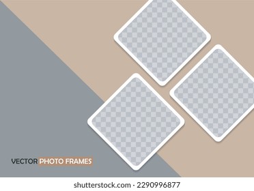 Three empty rhombus photo frames on beige and gray background. Website banner template, flyer, leaflet. Vector Mockup for design and advertising. EPS10.