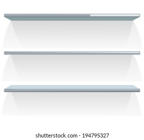 Three empty shelves on white. Vector illustration.