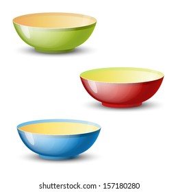Three empty shiny bowls