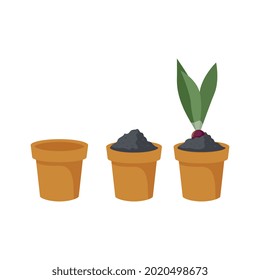 Three empty with soil and green seedling brown pots flat isolated vector illustration
