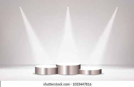 Three empty vector silver pedestals in room interior with three spotlights. Template for product presentation with spotlight. Champions and winners background