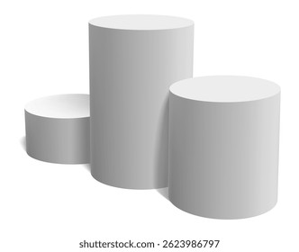 Three empty white cylindrical podiums of different heights standing on a white background representing a winners' platform for celebrating achieving goals
