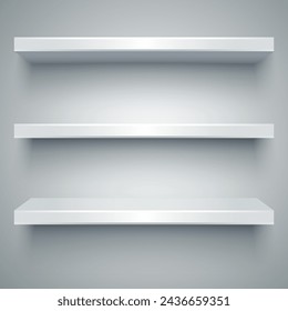 Three empty white plastic shelves with shadows on grey light background. vector illustration