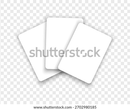 Three empty white playing cards isolated on transparent background. Playcard templates. Discount, gift or credit card mockups. Poker game concept. Vector realistic illustration.