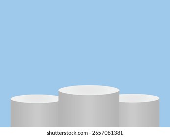 Three empty white podiums arranged in a row on a light blue background for award ceremonies