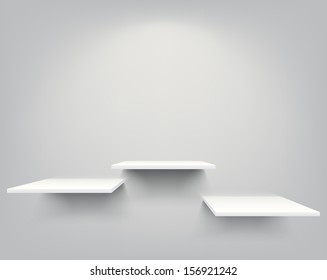 Three empty white shelves hanging on a wall. EPS10 vector. 