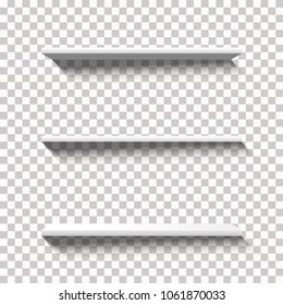 Three Empty White Vector Shelfs with Long Shadows on a Transparent Background. Blank Showcase, Three Different Angles. Ready-made Design Elements for Your Graphics.