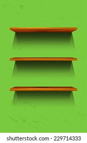 Three empty wooden shelves on the green wall - vector illustration