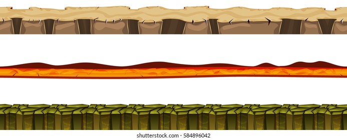 Three endless platforms for a mobile game. Light brown floor, red lava ground, greenish rocks ground