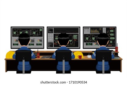 Three engineers are working at their workstation on white background.

