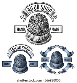 Three engraving banners with silver and black thimble in the middle of ribbons isolated on white. Vintage style for tailor or sewing design