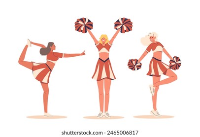 Three Enthusiastic Cheerleaders In Action During A Vibrant Sports Event Showcase Dynamic Poses And Teamwork, Vector