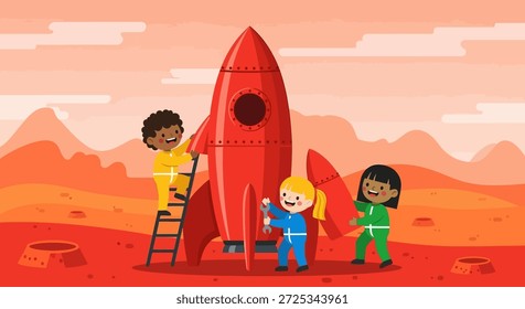 Drei begeisterte Kinder arbeiten zusammen, um ein rotes Raketenschiff auf einer mars-artigen Landschaft mit Bergen und Kratern zu bauen. Ein Kind klettert auf eine Leiter, ein anderes benutzt einen Schraubenschlüssel,