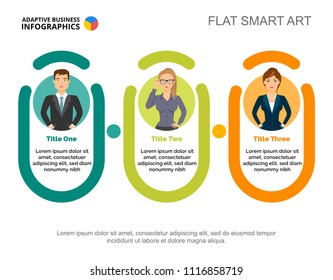 Three entrepreneurs process chart template for presentation. Business data visualization. Partnership, strategy, management, banking or marketing creative concept for infographic, project layout.