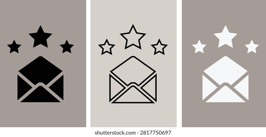 Three envelope icons each paired with three stars in varying shades