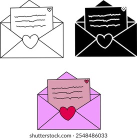 três envelopes com letras dentro adornado com corações em variações preto e branco e roxo rosa

