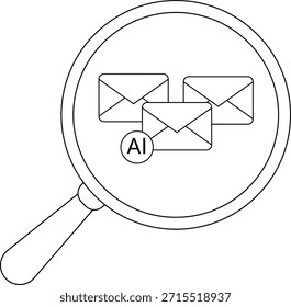 Se muestran tres sobres con una IA etiquetada a través de una lupa que destaca el concepto de correos electrónicos de inteligencia artificial
