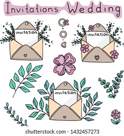Three envelopes "Wedding Invitation" with plant elements
