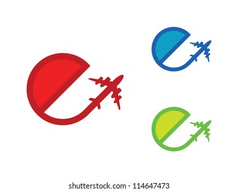 Three E-Plane Icons. Silhouette of Plane Flying in an "E" Shape in Red, Blue and Green.