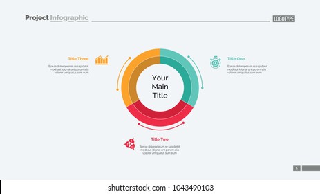 Three equal parts of pie chart slide template. Business data. Graph, diagram. Creative concept for infographic, presentation, report. Can be used for topics like marketing, research, company