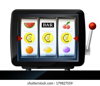 three Euro coin items on play machine as winning vector illustration