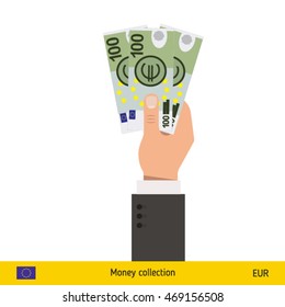 Three euro in hand. Euro banknote vector illustration.