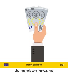 Three euro in hand. Euro banknote vector illustration.