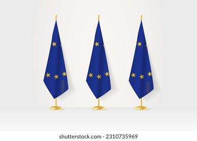 Three European Union flags in a row on a golden stand, illustration of press conference and other meetings. Vector illustration.