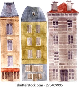 three European urban residential houses, painted in watercolor, vector set of city buildings, hand drawn  elements